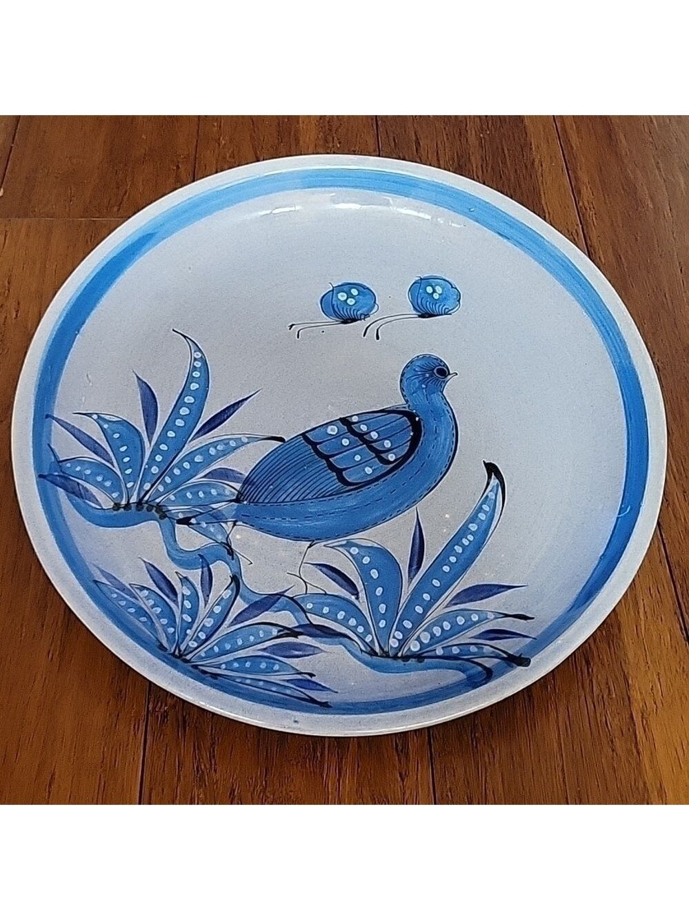 Vtg, Tonala Mexican Folk Art, Large Serving Plate, Bird, Blue, Artist Signed